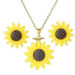Stainless Steel Gold Colored Chain & Earrings with Yellow Colored Sunflowers